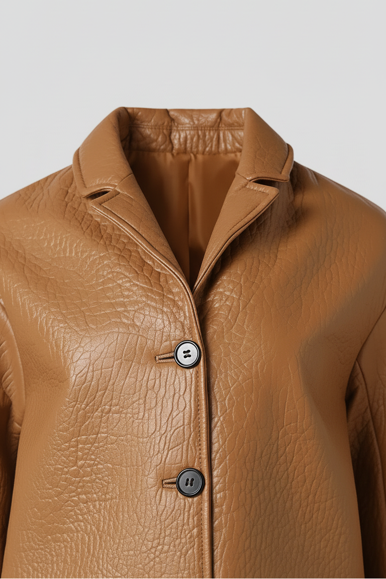 LANE - Bubble Leather Coat, close-up of collar and buttons