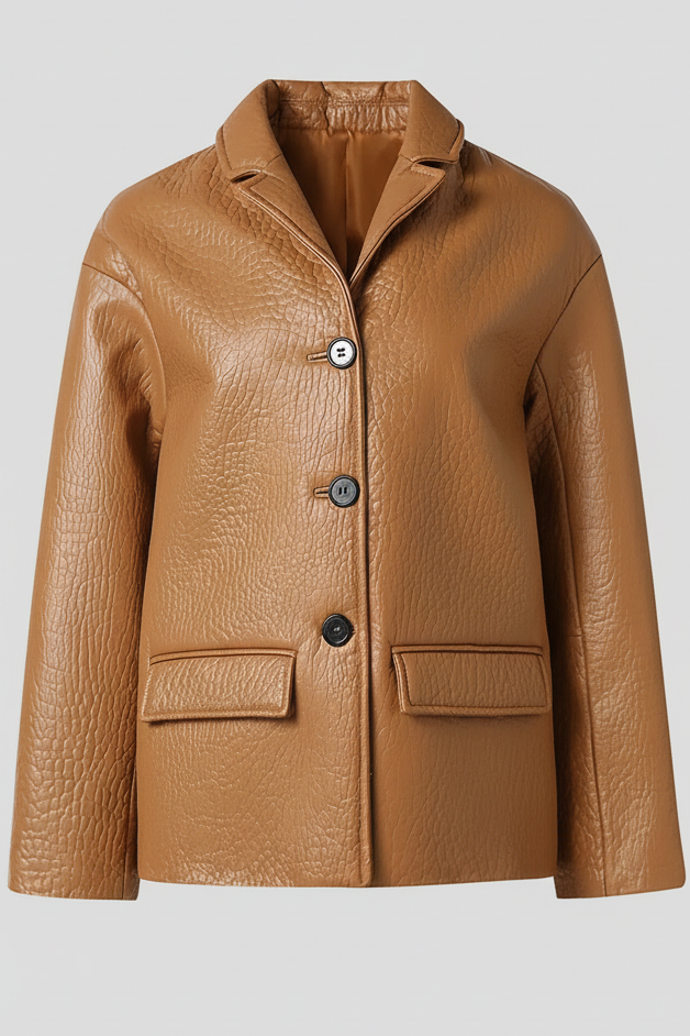 LANE - Bubble Leather Coat, full shot of brown jacket with pockets