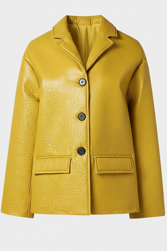 LANE - Bubble Leather Coat, full shot of yellow jacket with buttons and pockets