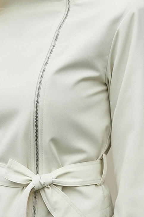 LEIRAH trench coat for women asymmetrical zipper close-up
