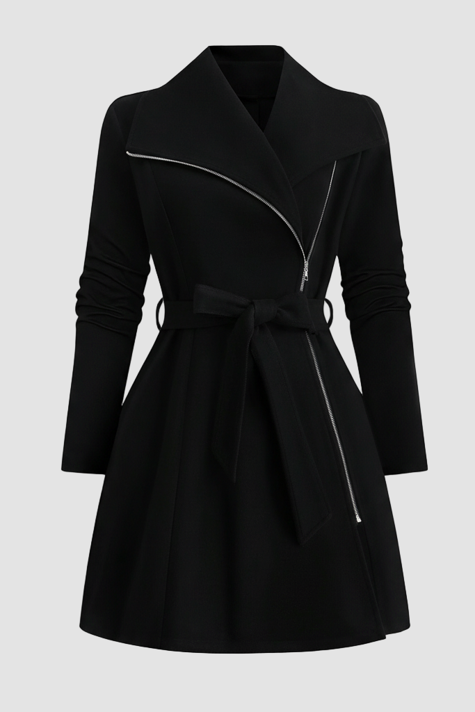 Model styling LEONA Wool Blend Long Coat with chic all-black outfit for modern elegance.