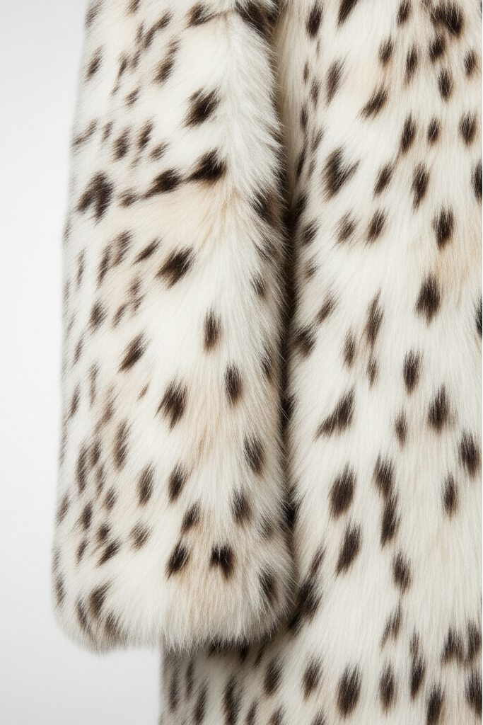 LEOVARA leopard coat photographed outdoors in a winter setting.