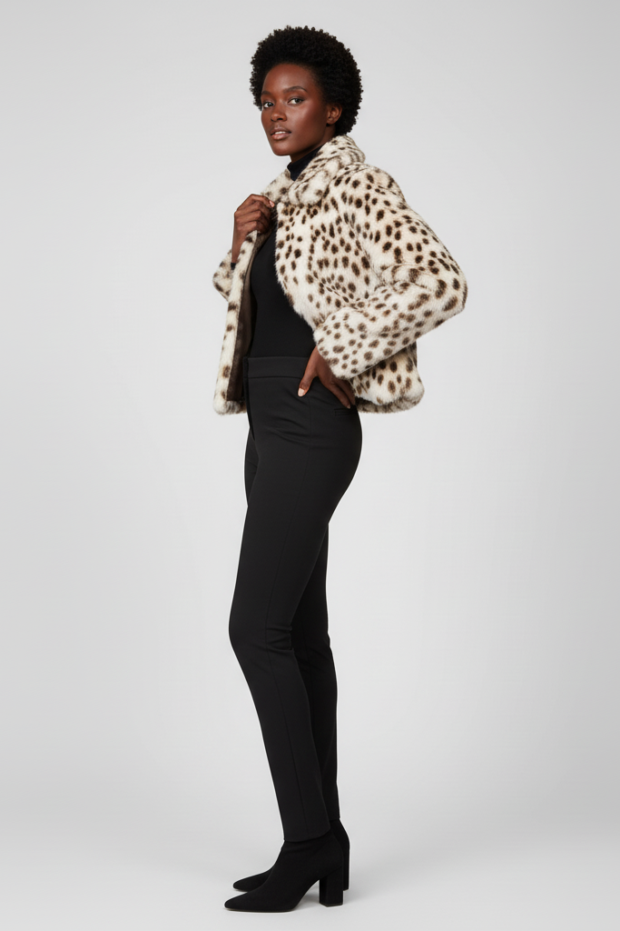 LEOVARA leopard faux fur jacket paired with casual everyday clothing.