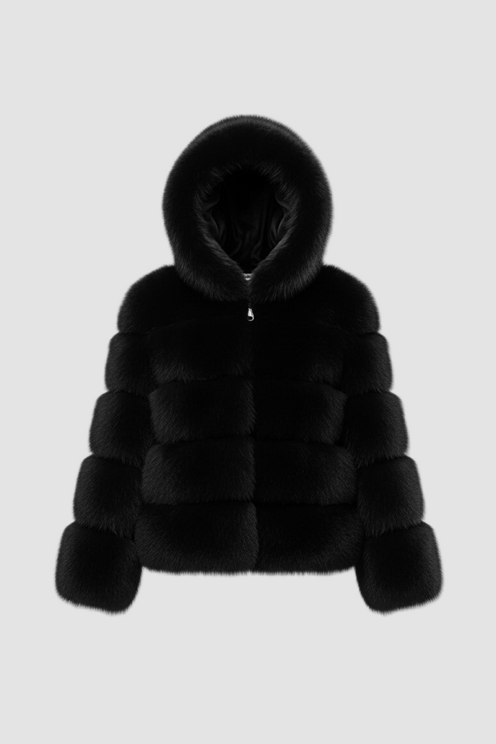 LIREN Faux Fur Jacket offers warm winter comfort with a hooded design, soft faux fur, zipper closure, and lined interior. Cozy, stylish, and eco-friendly.