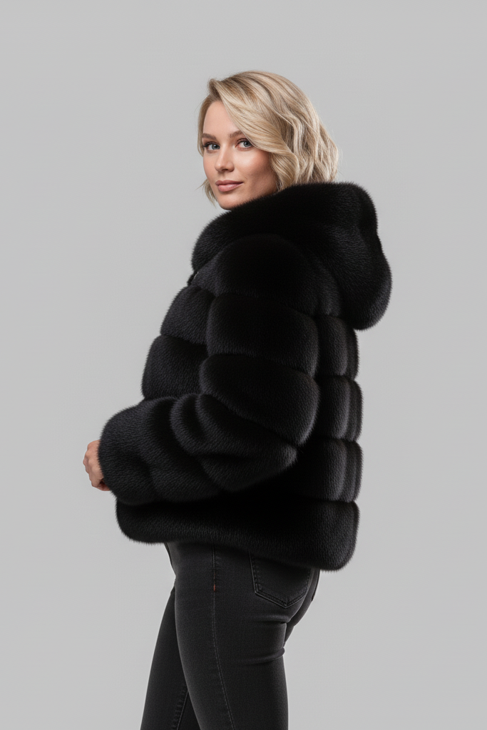 LIREN faux fur jacket showcased in a cozy winter environment.