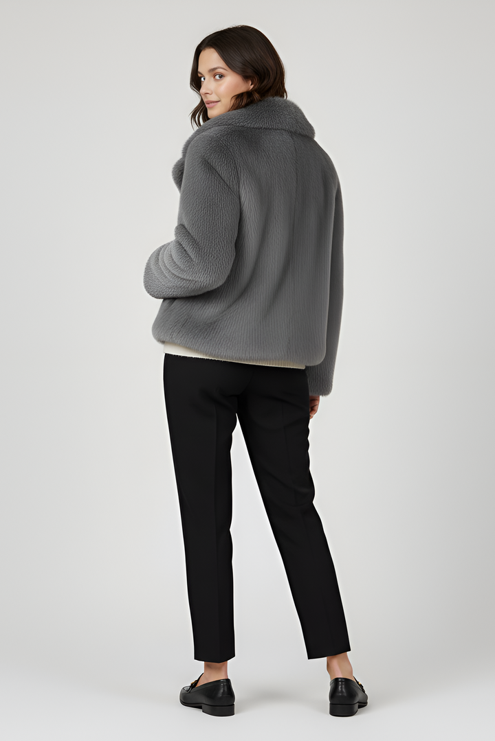 Dalvyn faux fur long coat – the LOUVIA edition in soft grey offers luxury warmth, satin lining, and timeless winter elegance.