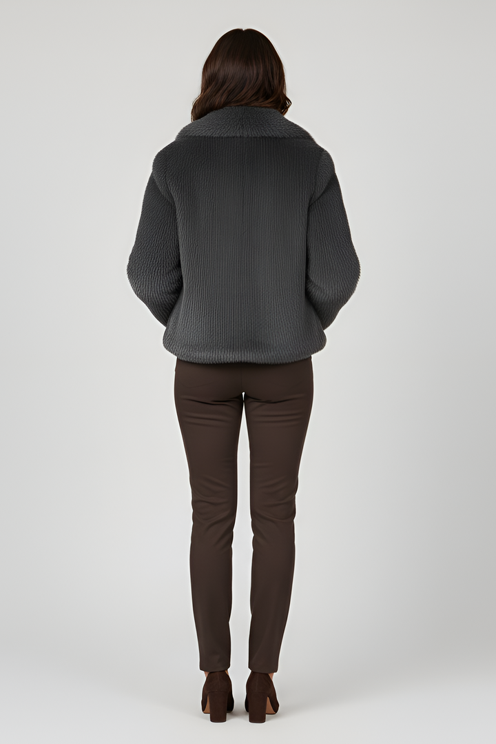 LOUVIA  faux fur long coat in grey offers luxury warmth, satin lining, and timeless winter elegance.