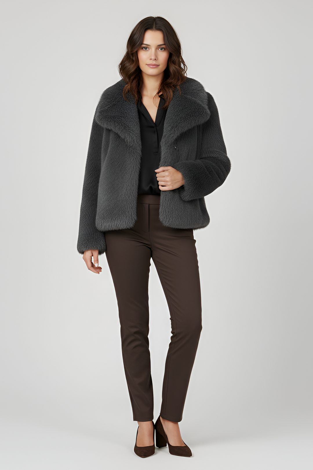 LOUVIA  faux fur long coat in grey offers luxury warmth, satin lining, and timeless winter elegance.