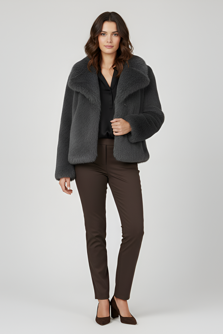 LOUVIA  faux fur long coat in grey offers luxury warmth, satin lining, and timeless winter elegance.