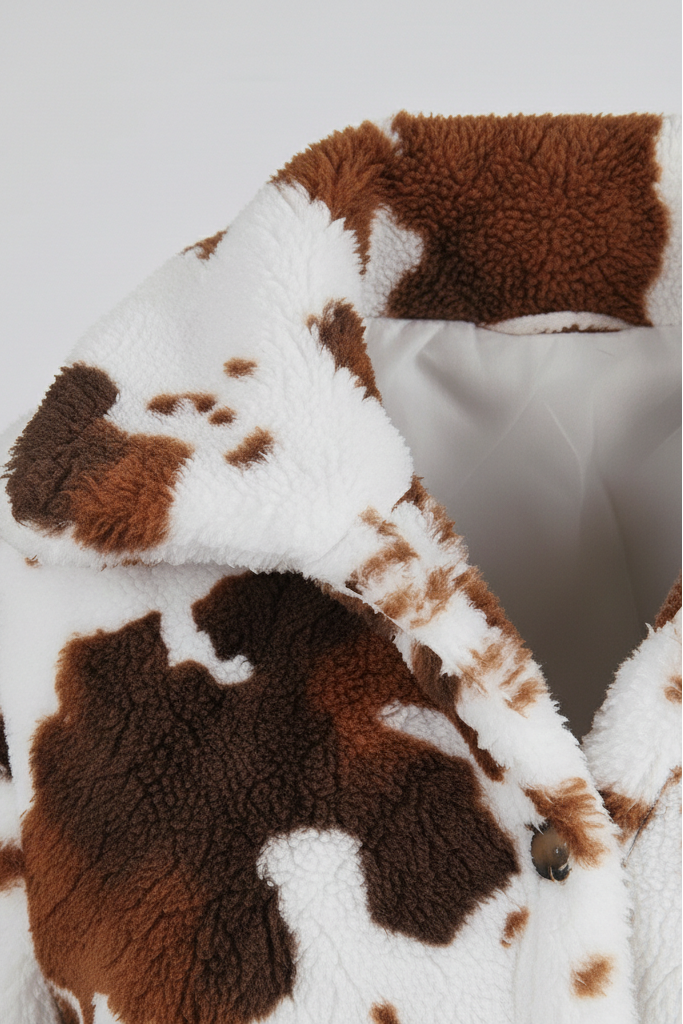 Close-up of a brown and white cow print fabric on a gray background