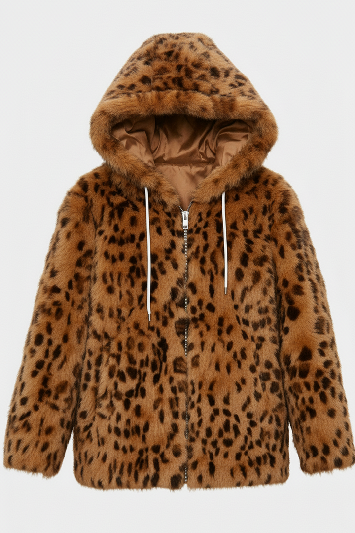 Leopard print fur coat with a hood on a white background