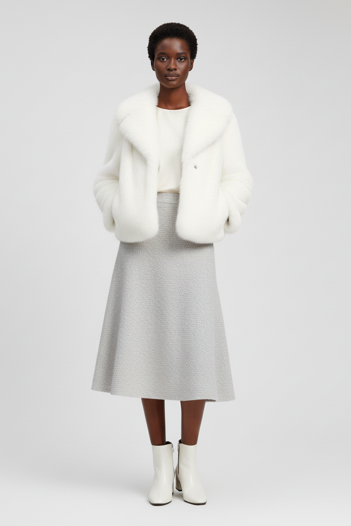 Lifestyle portrait of a model in the RAELORA soft faux fur winter coat.