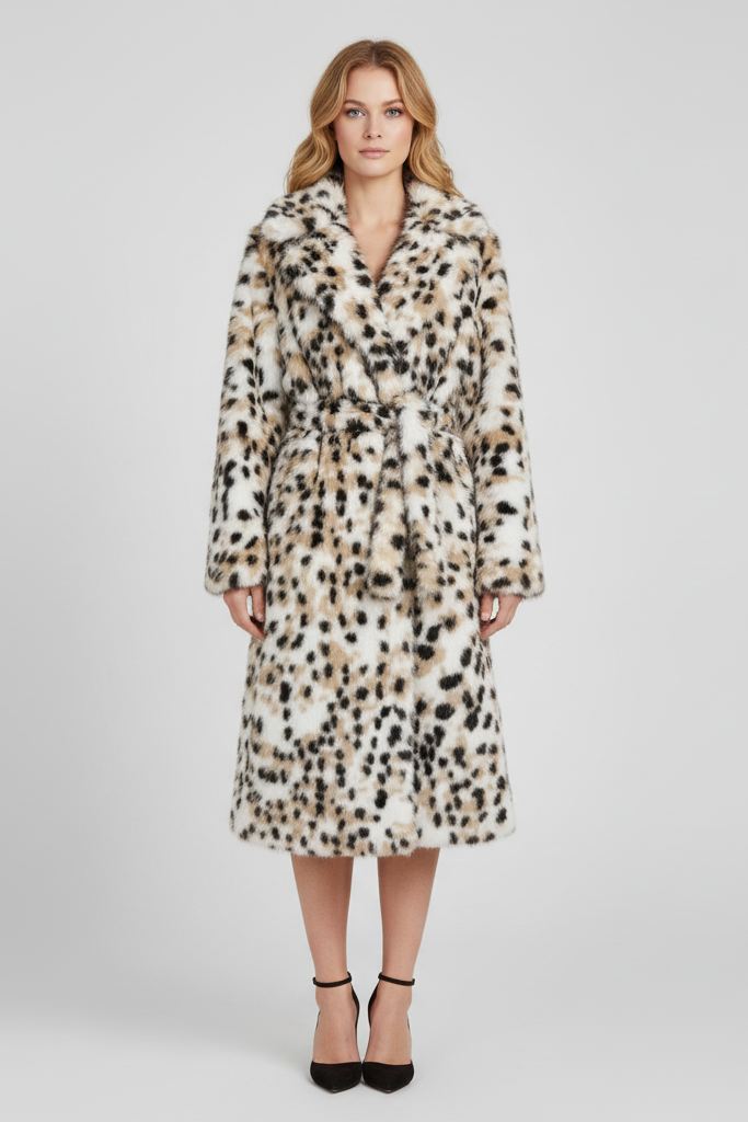Lifestyle shot of model styling the LYSERRA Leopard Shearling Coat with belt tied at the waist