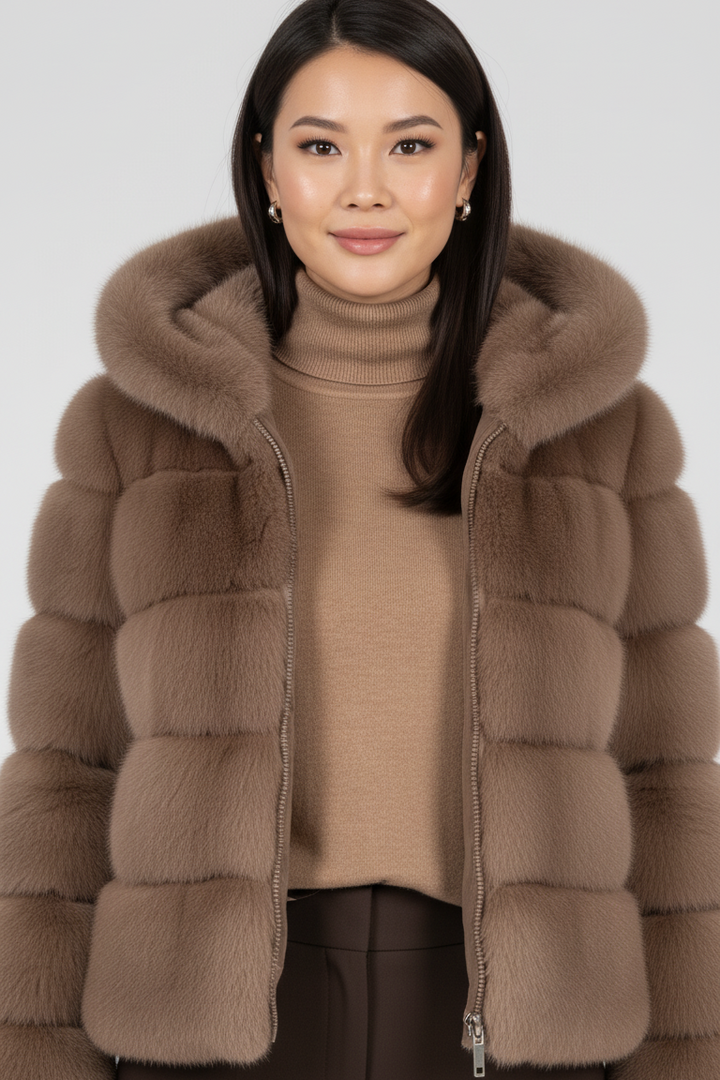 Lifestyle shot of the FERALYN faux fur jacket paired with casual winterwear.