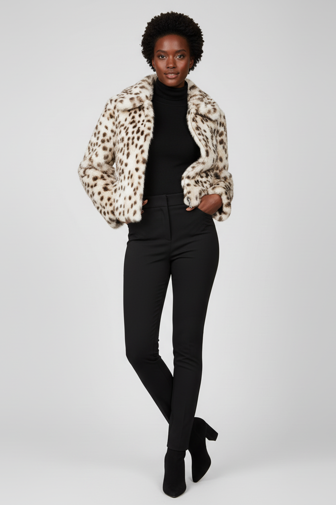 Lifestyle shot of the LEOVARA leopard faux coat styled for winter.