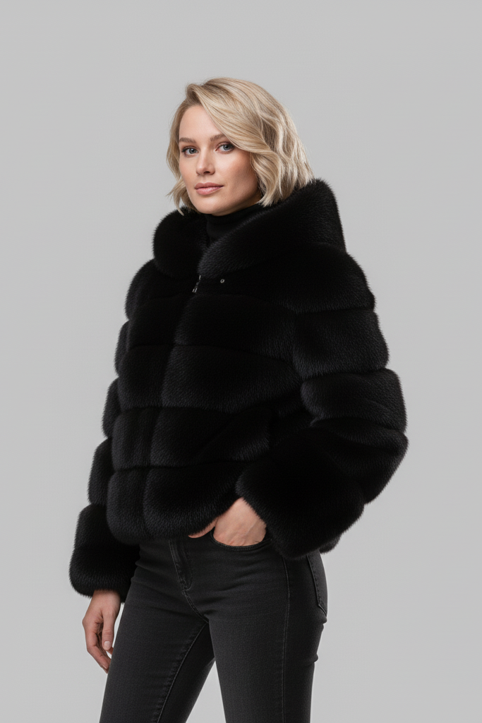 Lifestyle shot of the LIREN faux fur jacket paired with casual winterwear.