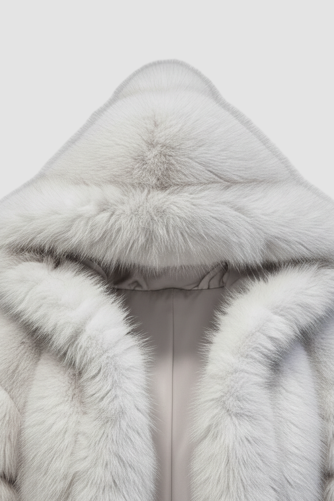 Lifestyle shot of the MYRALYN hooded faux fur coat paired with casual wear.