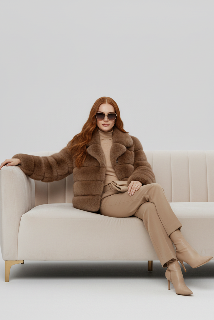 Lifestyle shot of the VELARIE faux fur coat styled with winter clothing.