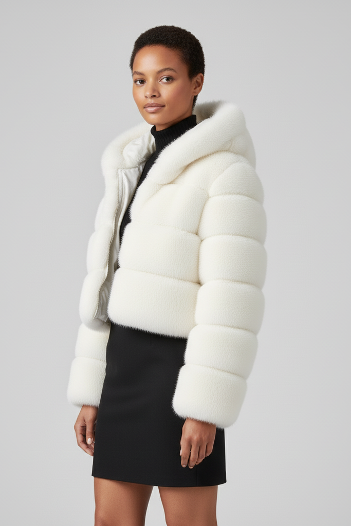 Lifestyle shot of the VELMIRA short faux fur coat styled with everyday winterwear.