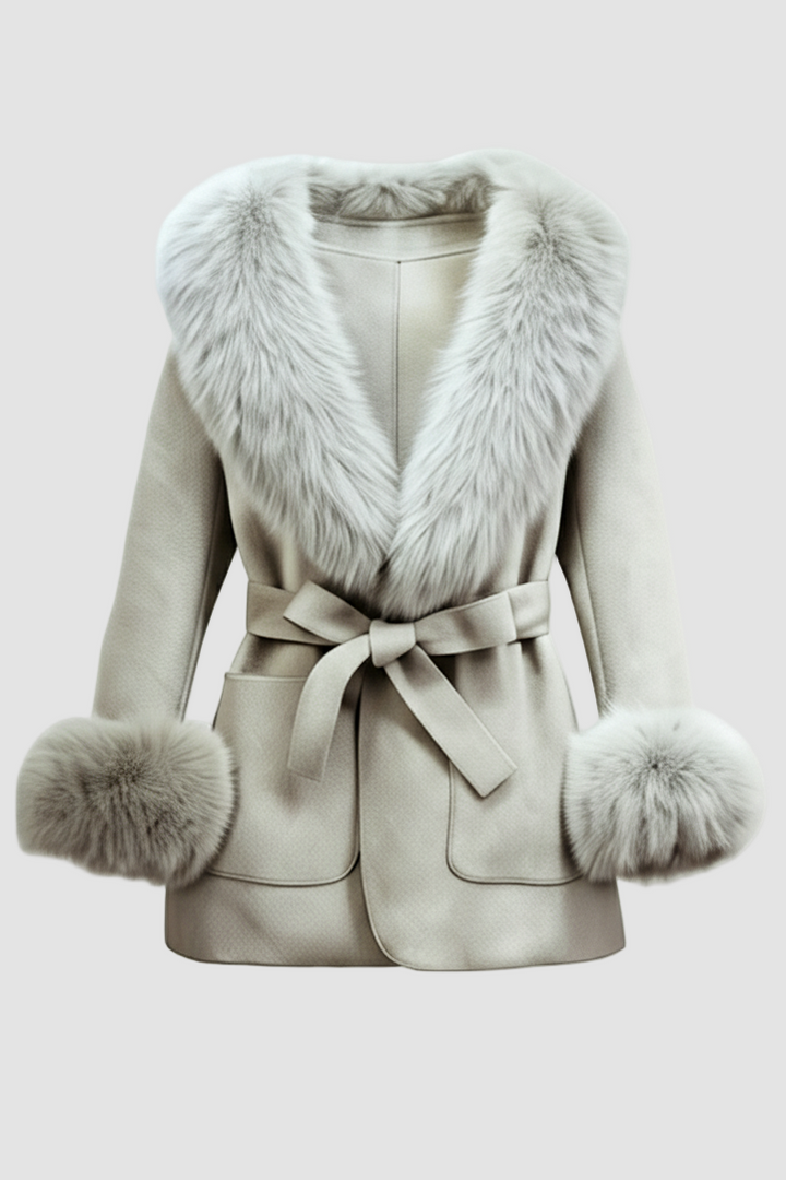 Light gray coat with fur trim on a white background