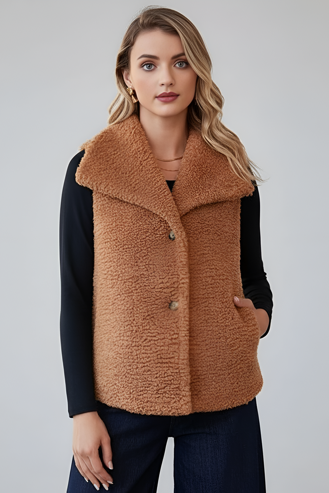 Long brown shaggy faux fur coat shown front view.