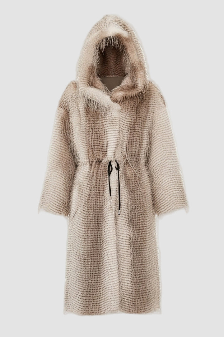 Long, textured coat with a hood on a white background
