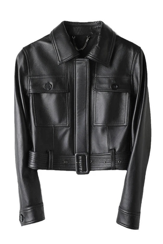 MADELEINE - Genuine Sheep - black cropped tailored leather jacket