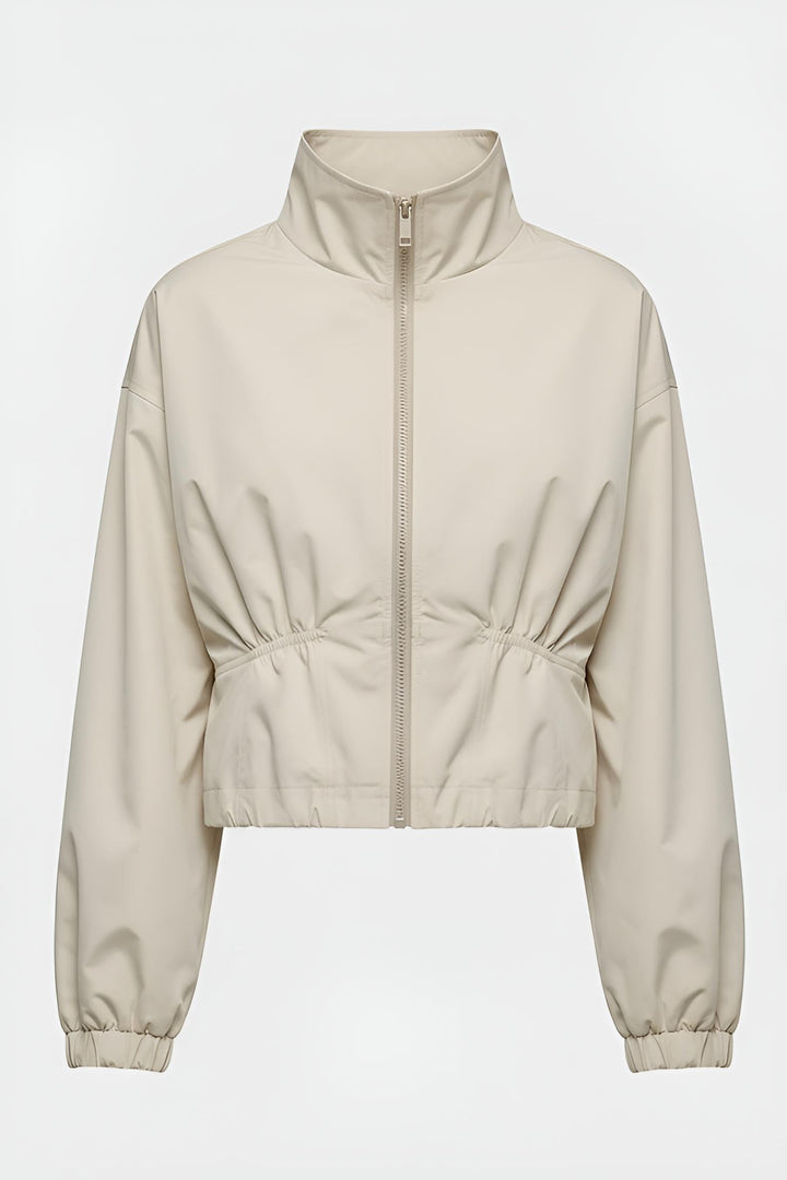 MAELIN jacket worn with beige modern minimalist styling