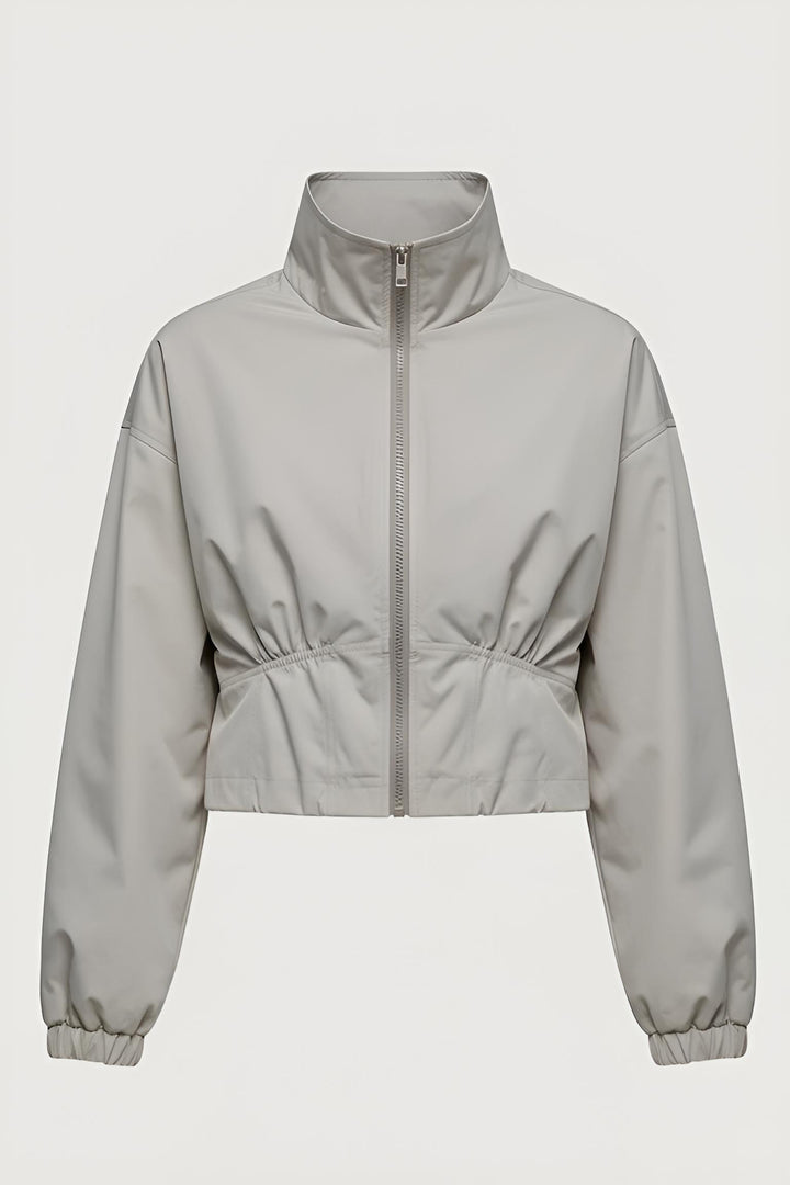 MAELIN jacket worn with gray modern minimalist styling