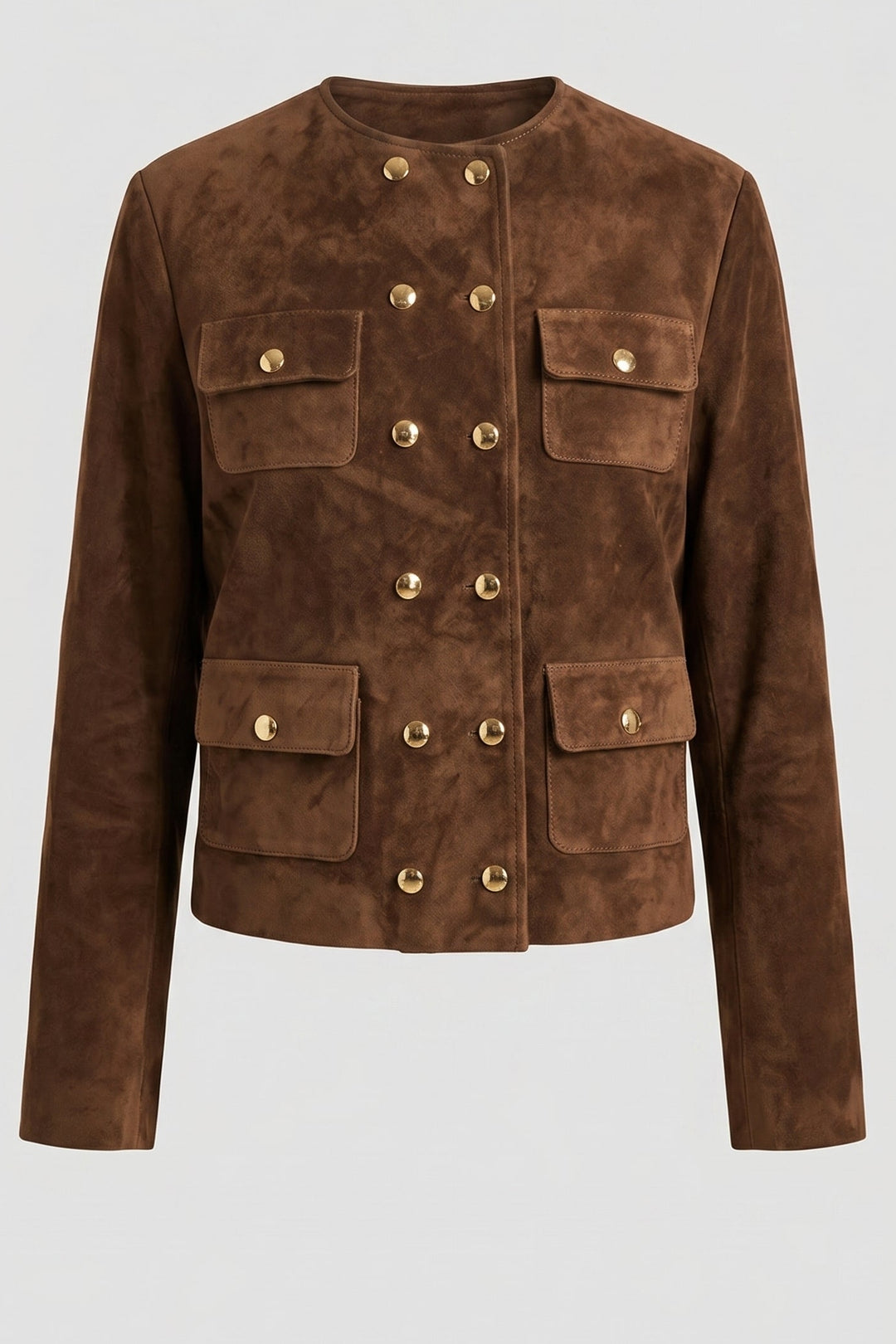 MARGAUX - Double-Breasted suede jacket, brown, gold buttons, multiple pockets, front view