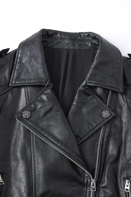 MARIANNE - MOTO LEATHER JACKET, black, collar detail, snap buttons