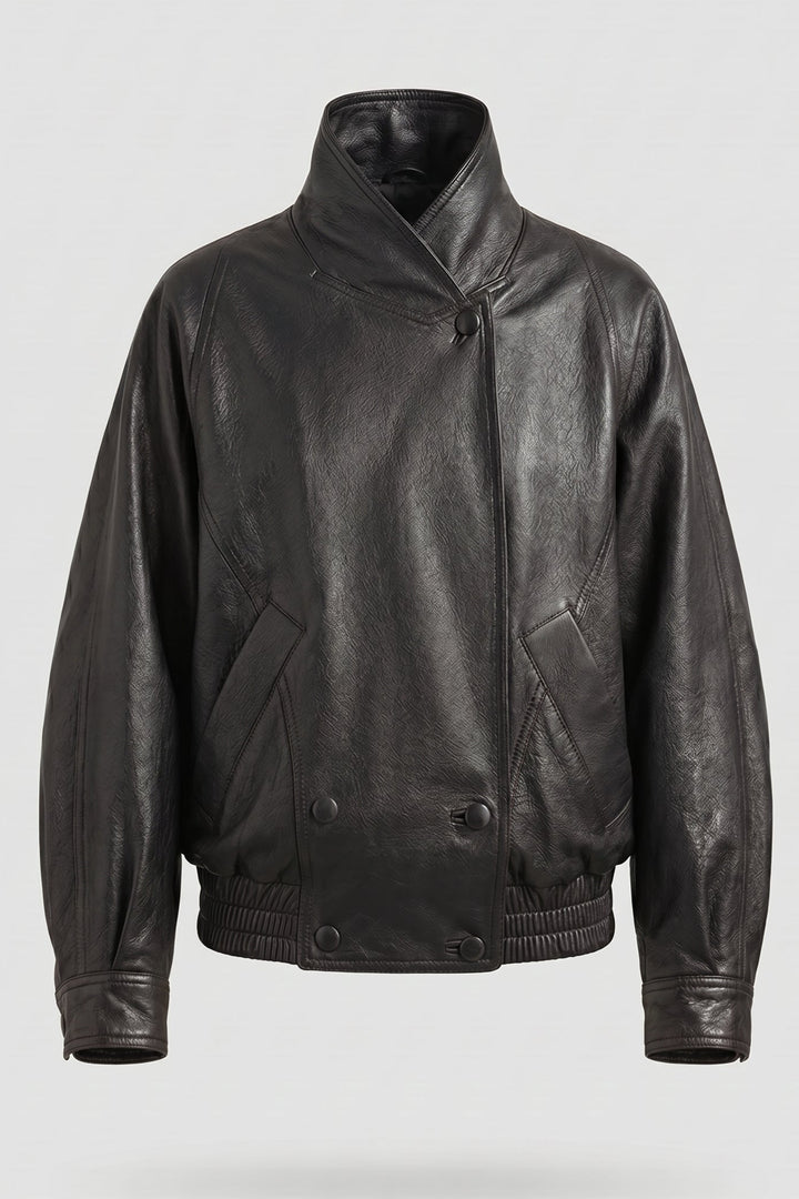 MARTINE - Goat Leather Jacket, black leather bomber jacket, front view, high collar