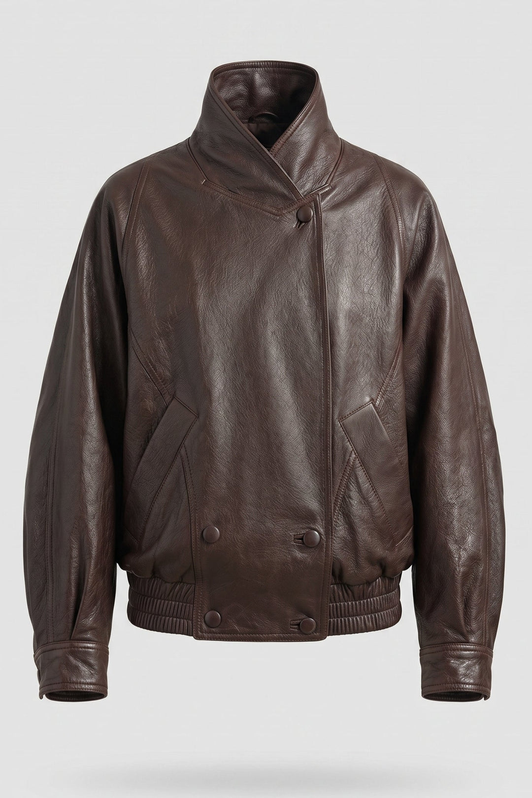MARTINE - Goat Leather Jacket, brown leather bomber jacket, front view, button detail