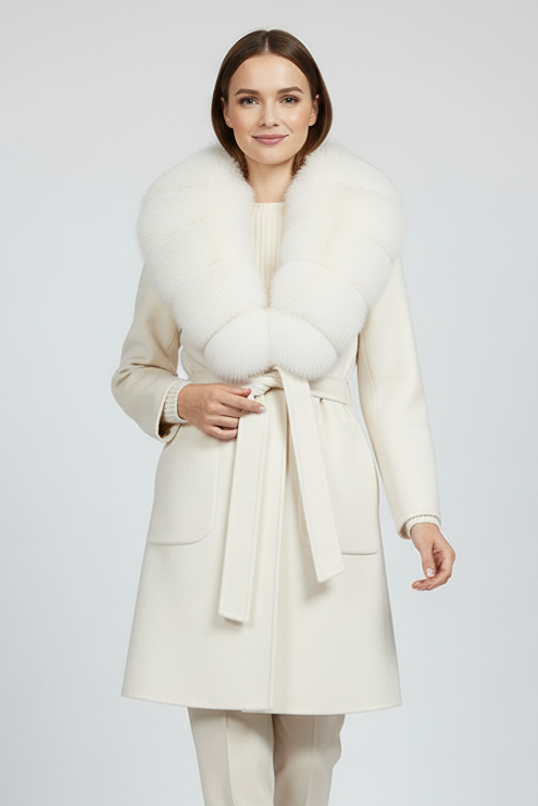 Woman wearing a cream coat with fur collar on a white background