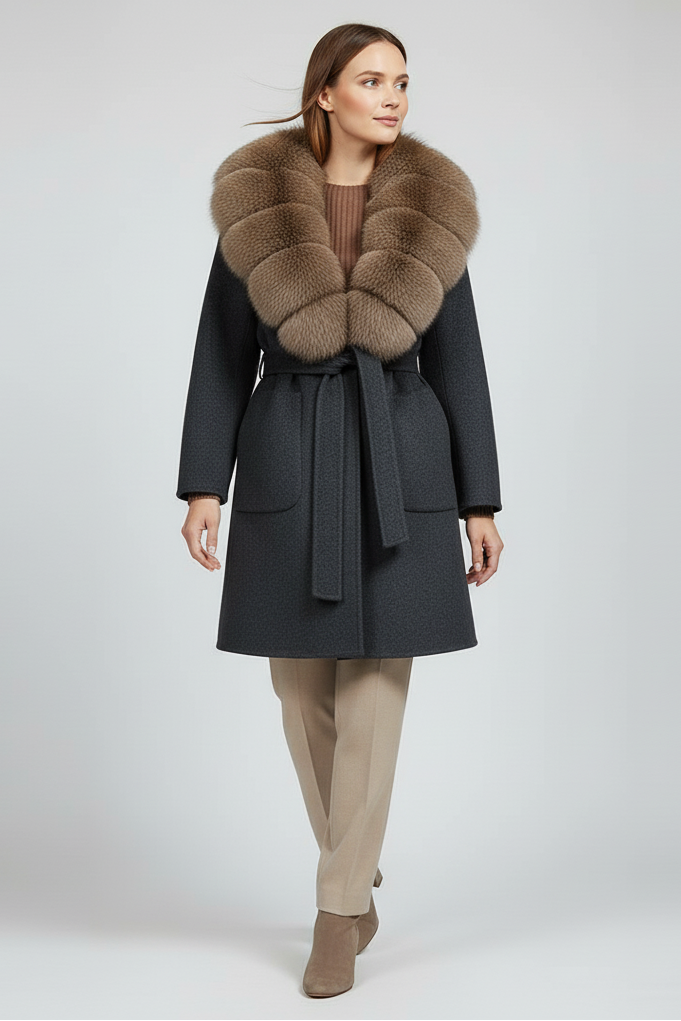 Woman wearing a dark gray coat with a fur collar on a white background