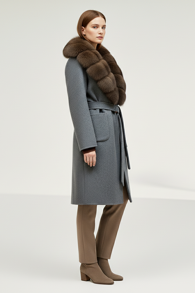 Woman wearing a gray coat with a fur collar on a white background