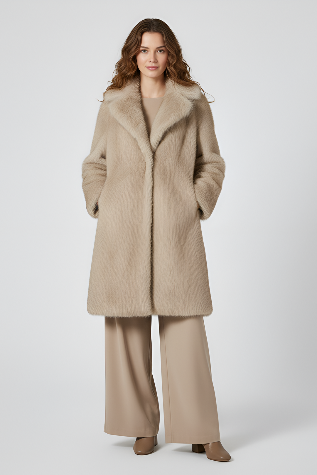 Front view of MAWEII faux fur long coat for women, chic winter fashion coat with soft faux fur finish, long elegant cut, timeless luxury outerwear