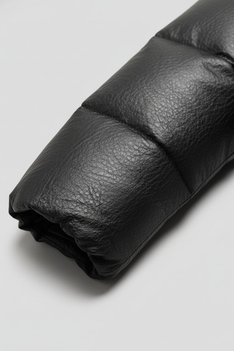 MCKENNA - Detail of black puffer jacket sleeve, quilted texture
