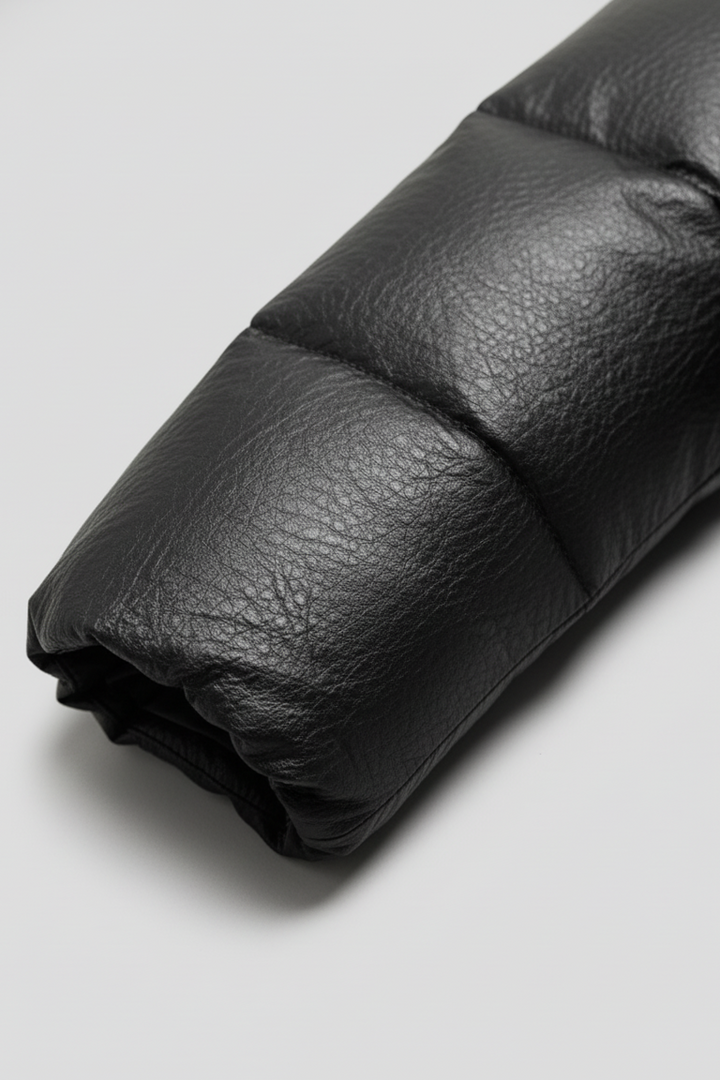 MCKENNA - Detail of black puffer jacket sleeve, quilted texture