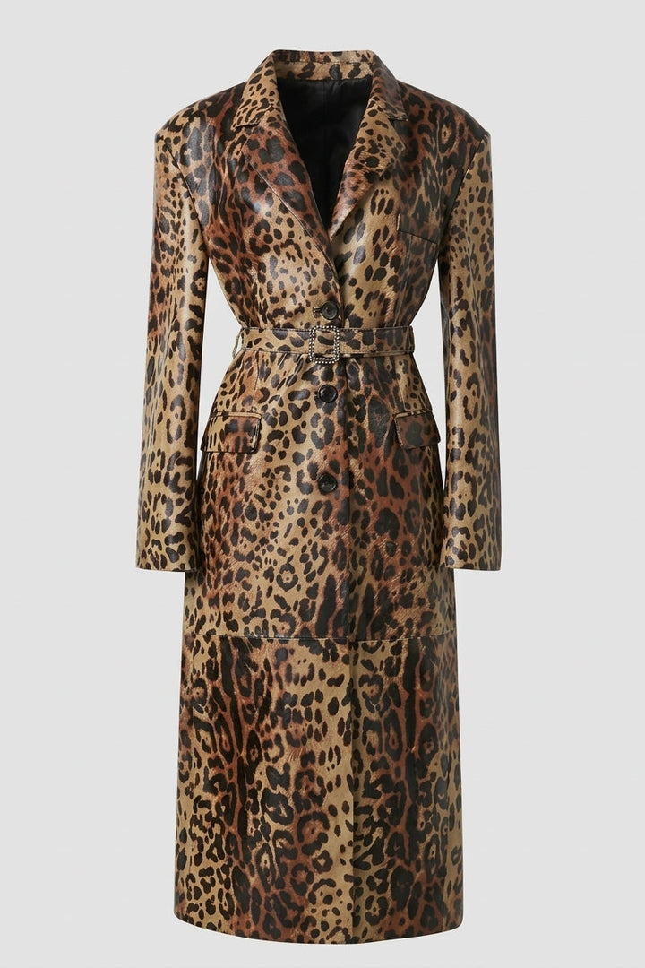 MCKINLEY – Belted Leather Trench Coat, Leopard Print, Full Length