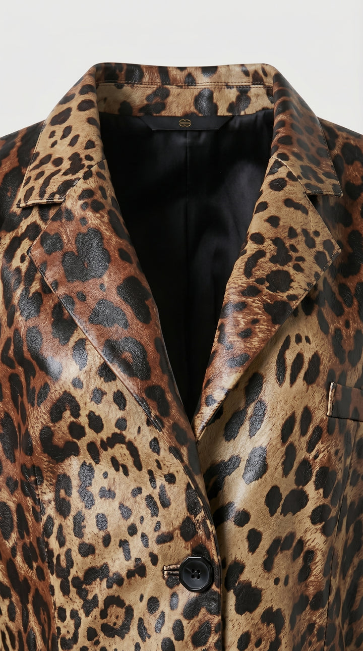 MCKINLEY – Leopard Leather Trench Coat, Belted Silhouette, Collar close-up