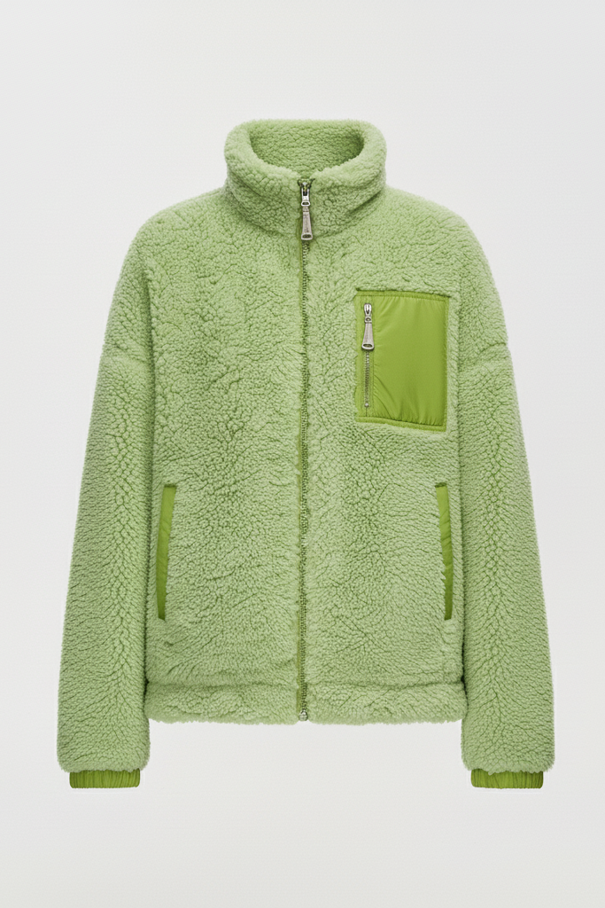 Woman wearing green shearling jacket in front view, showcasing soft faux-fur texture