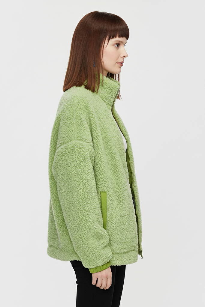 Side profile of green shearling jacket for women highlighting collar and soft structure