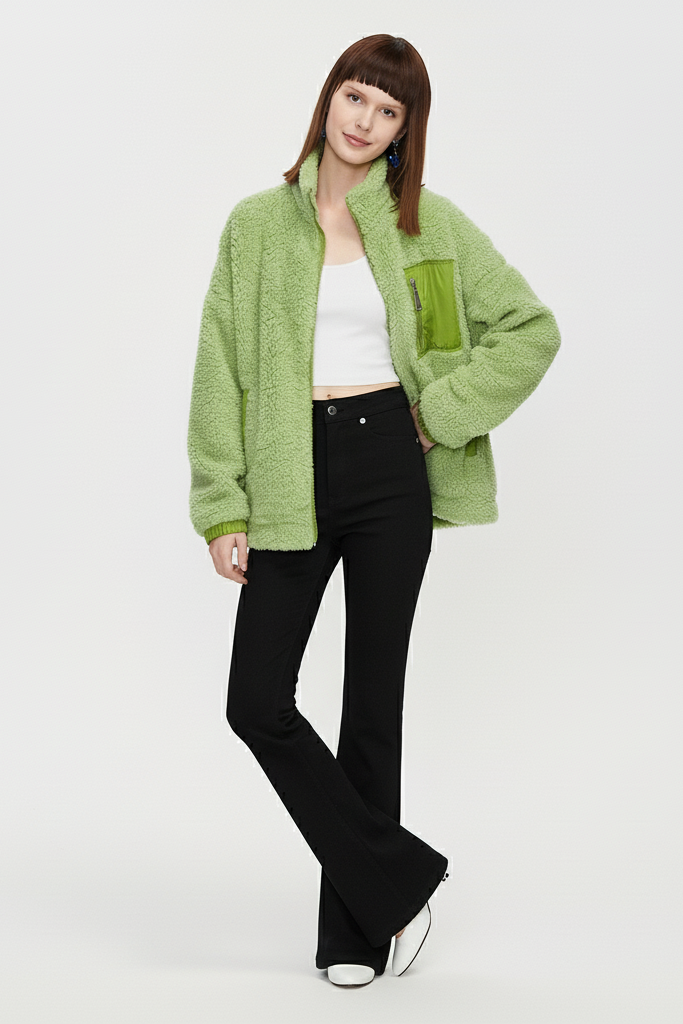 Green shearling jacket women variant displayed with high-pile faux-fur texture