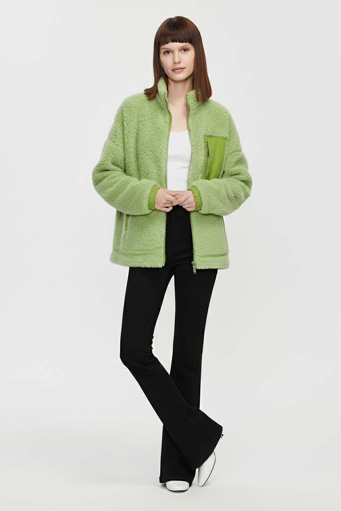 Green shearling jacket women variant displayed with high-pile faux-fur texture