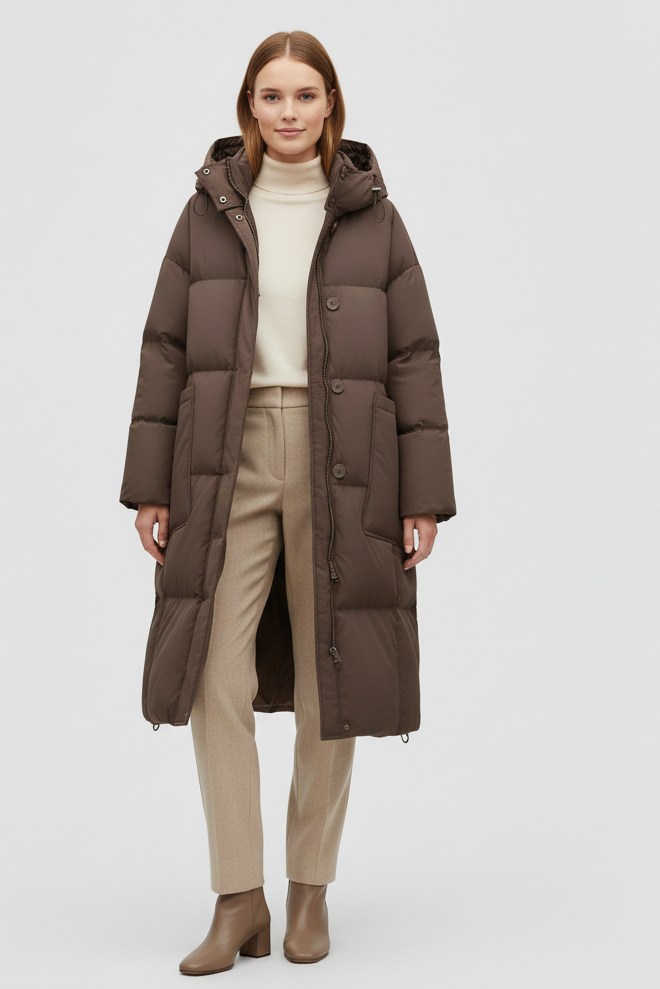 Woman wearing a brown puffer coat on a white background