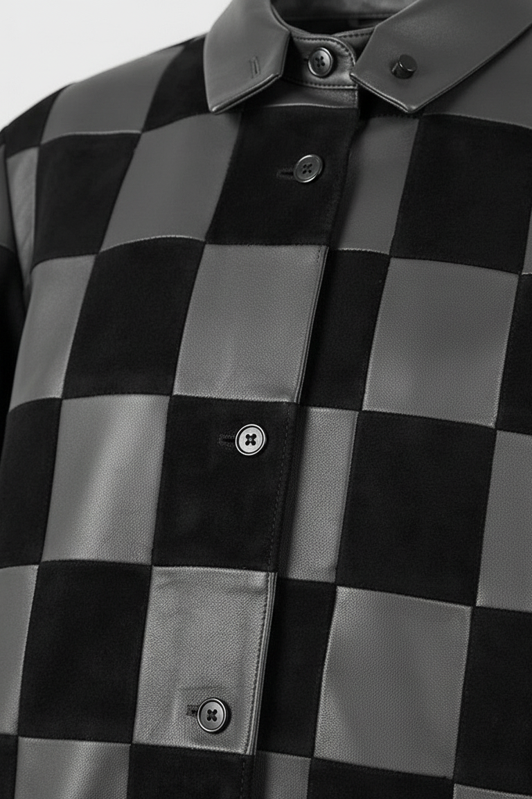 MERRITT - Plaid Leather Jacket - button closure