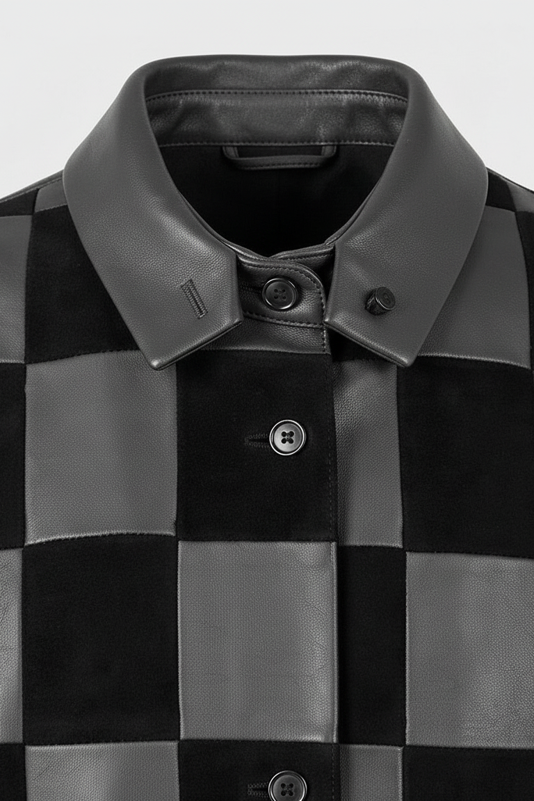 MERRITT - Plaid Leather Jacket - collar closure