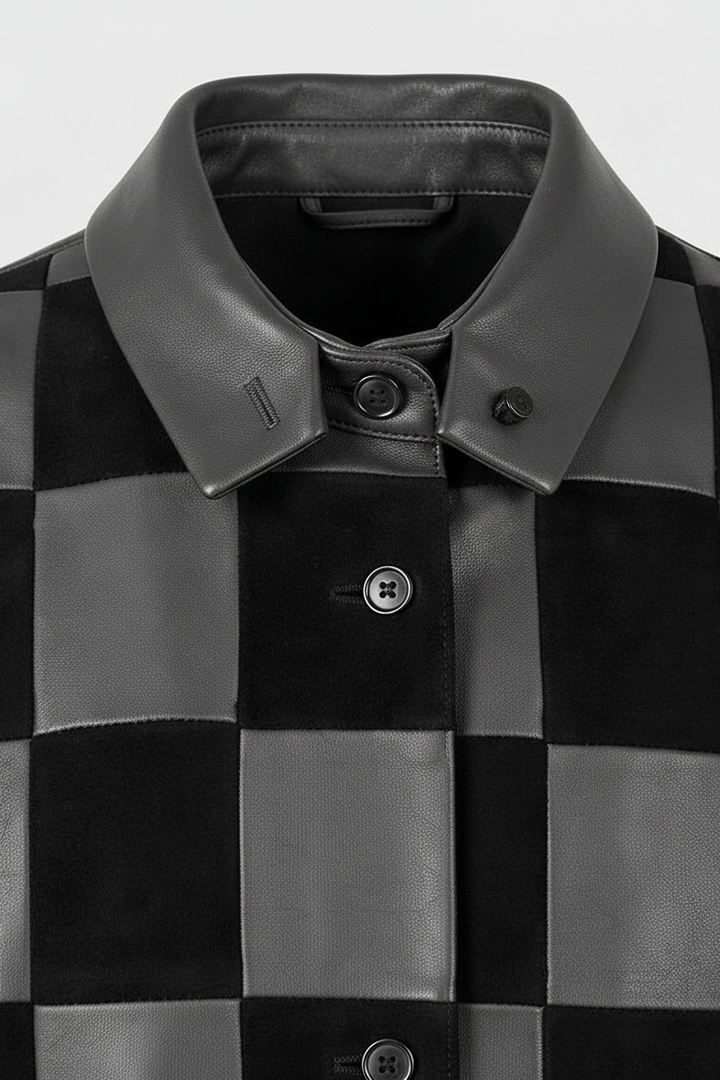 MERRITT - Plaid Leather Jacket - collar closure