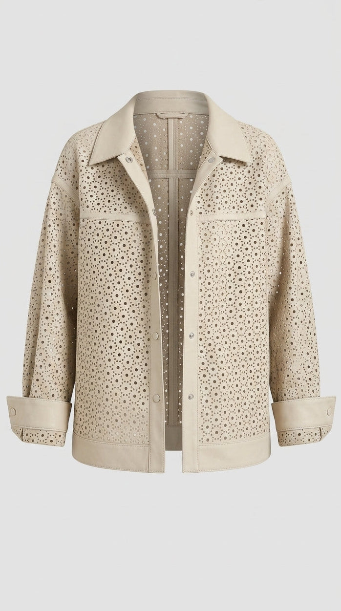 MICHELE - Cropped perfora, beige, collared, button-up jacket, modern style